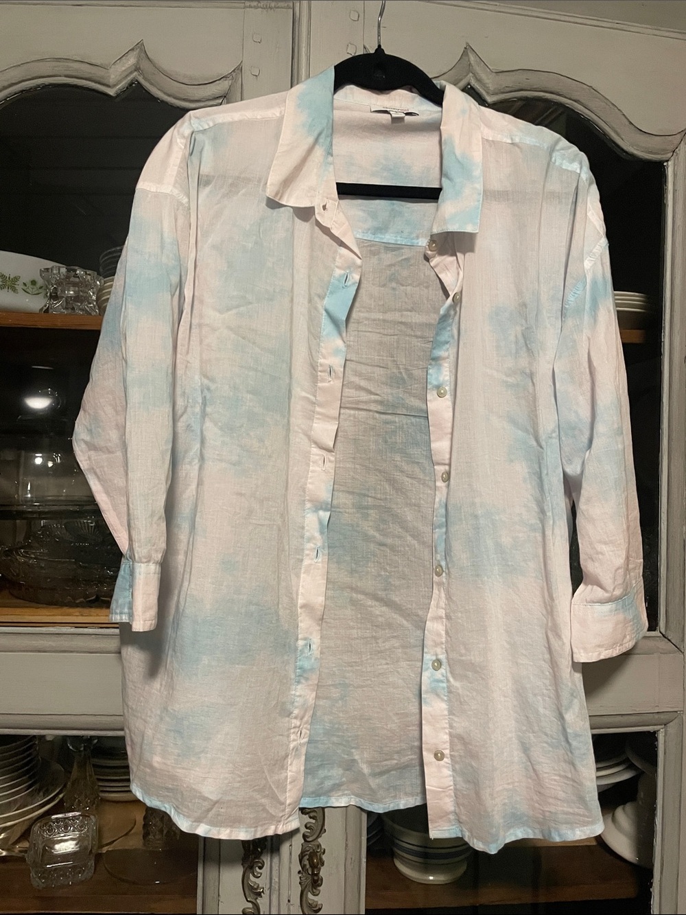 Skinnygirl White Button-Down Shirt with Light Blue Tie-Dye Accents